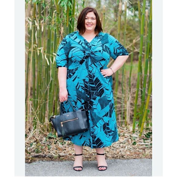 Catherines Women’s Plus Size Palm Twist-Knot Teal and Black Foliage Midi Maxi Dr - Picture 1 of 7